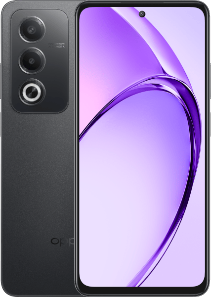 OPPO A80 5G smartphone front and back view with triple rear cameras and sleek black finish.