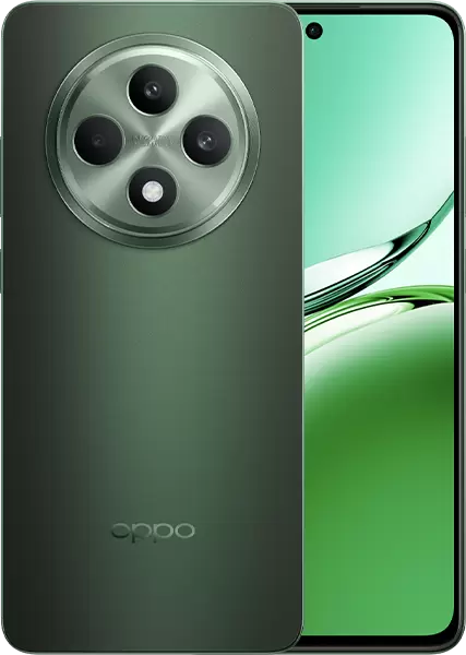 Oppo Reno12 FS 5G smartphone in green, featuring a punch-hole front display and a quad-camera setup housed in a circular module on the back.