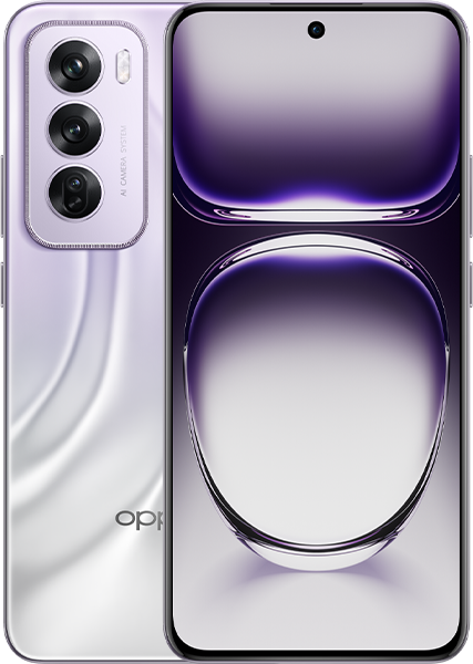 Oppo Reno12 Pro 5G smartphone showcasing both front and rear views, featuring a sleek display and a triple-camera setup in a shimmering white finish.