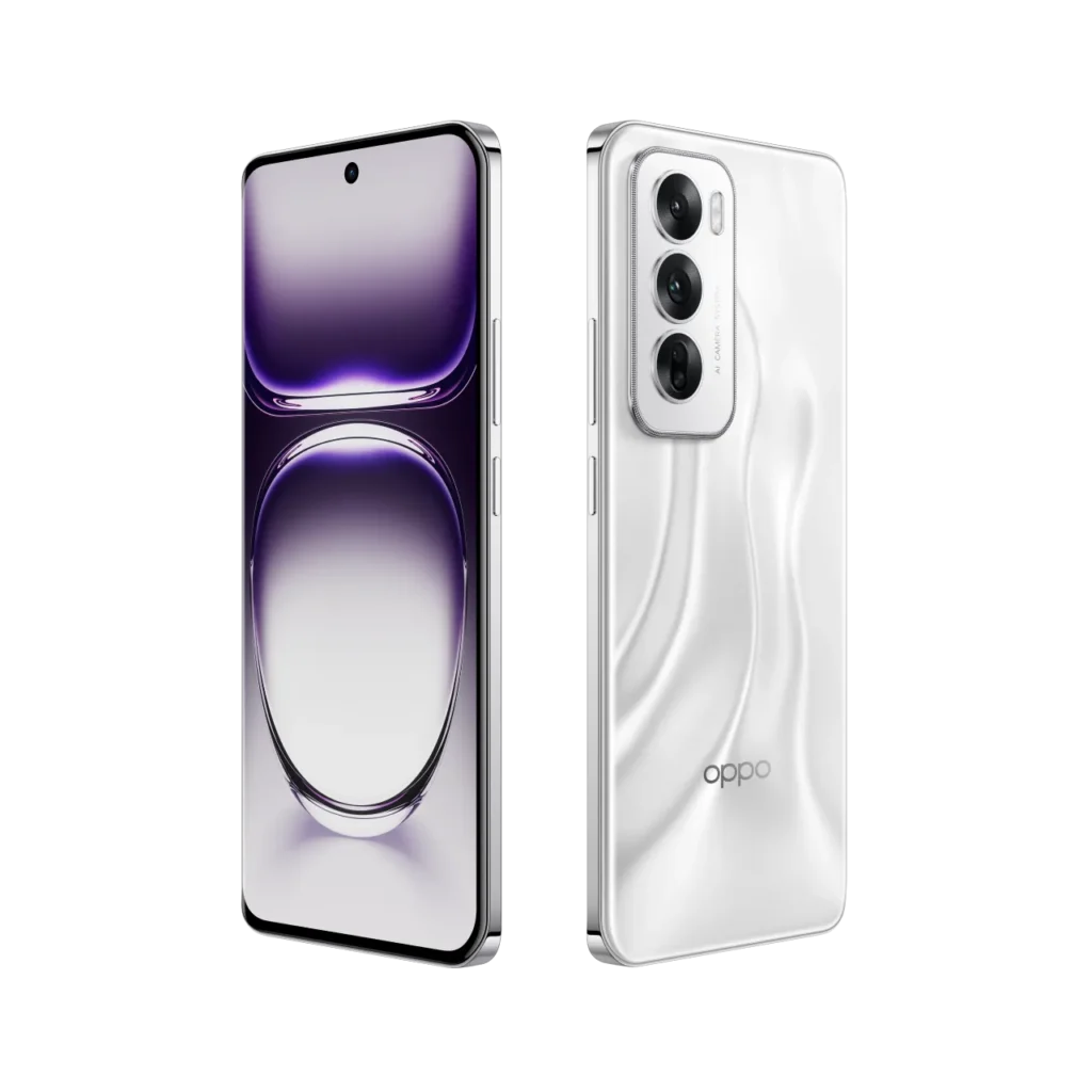 Front and back view of the Oppo Reno12 smartphone in a sleek white finish with triple rear cameras.