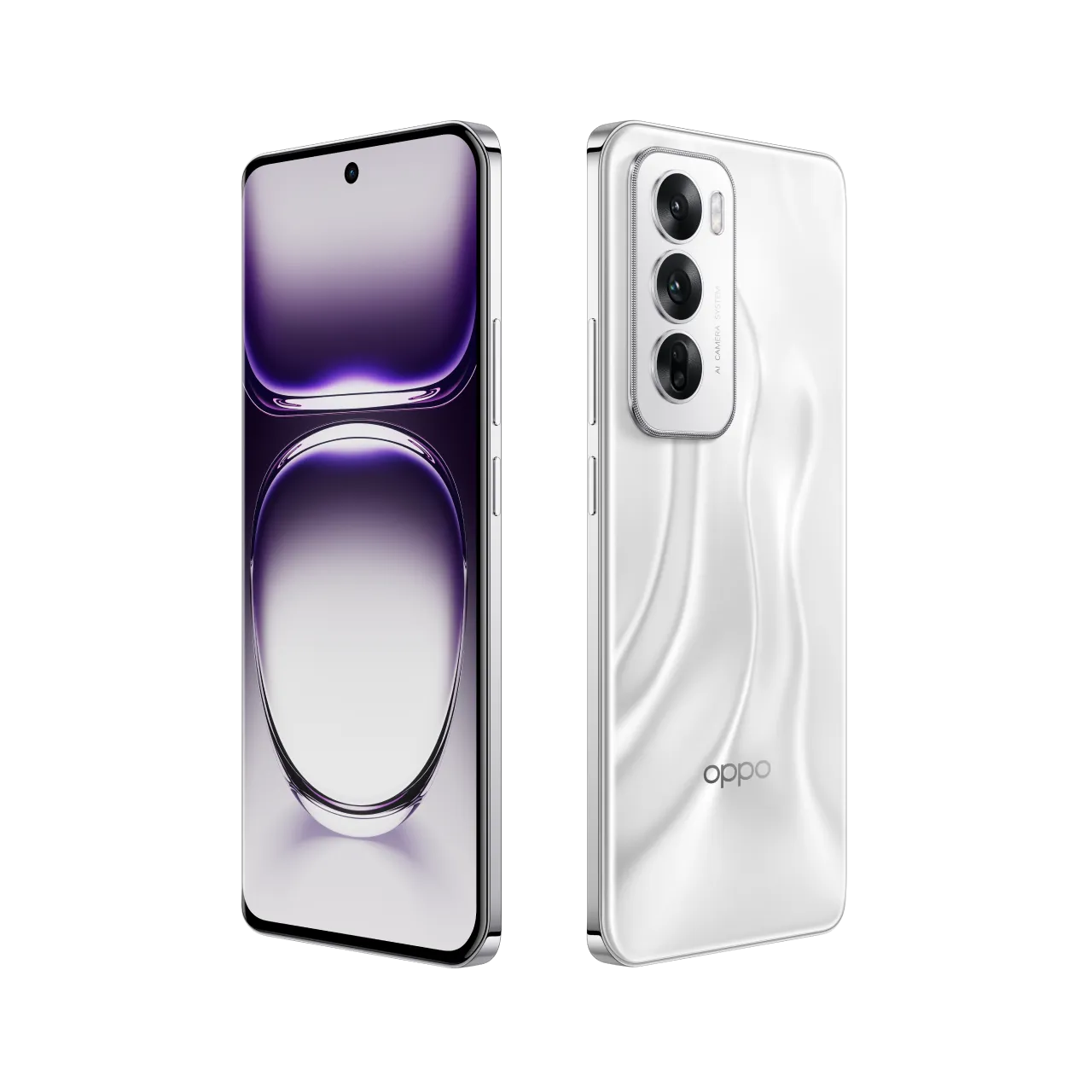 Front and back view of the Oppo Reno12 smartphone in a sleek white finish with triple rear cameras.