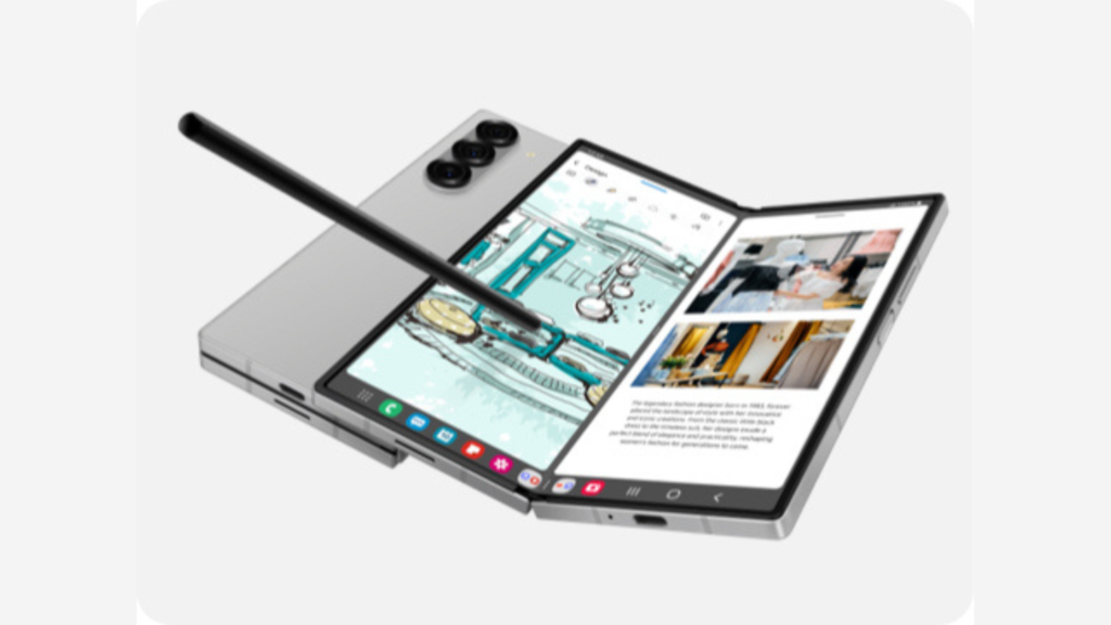 Samsung Galaxy Z Fold6 unfolded with S Pen, showcasing multitasking capabilities on its large foldable display