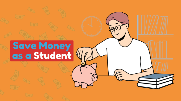 A student saving money by putting coins in a piggy bank, with the blog title 'Save Money as a Student'.