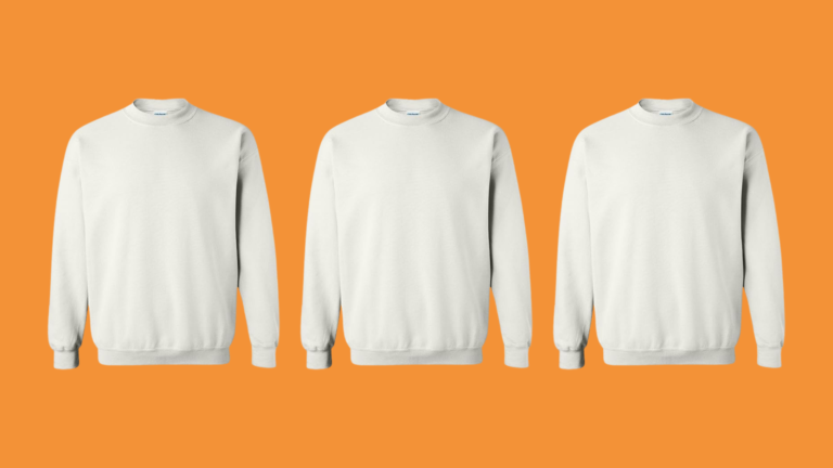 Three white crewneck sweatshirts displayed side by side on an orange background, showcasing a minimalistic and clean design.