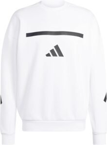 A white Adidas sweatshirt with a bold black logo and horizontal stripe design on the chest, featuring a clean and modern aesthetic.